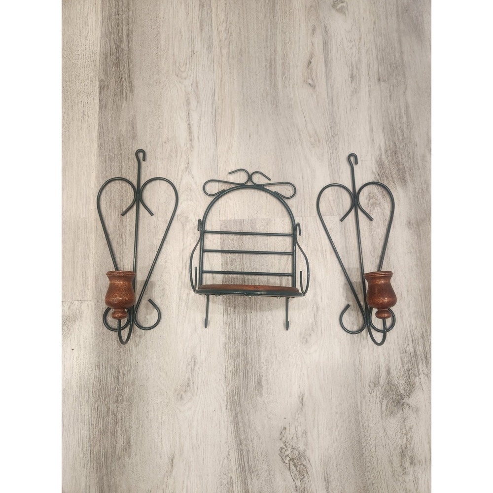Vintage Home Interiors‎ Shelf Green Wire & Wood & 2 Matching Candle Wall Sconces